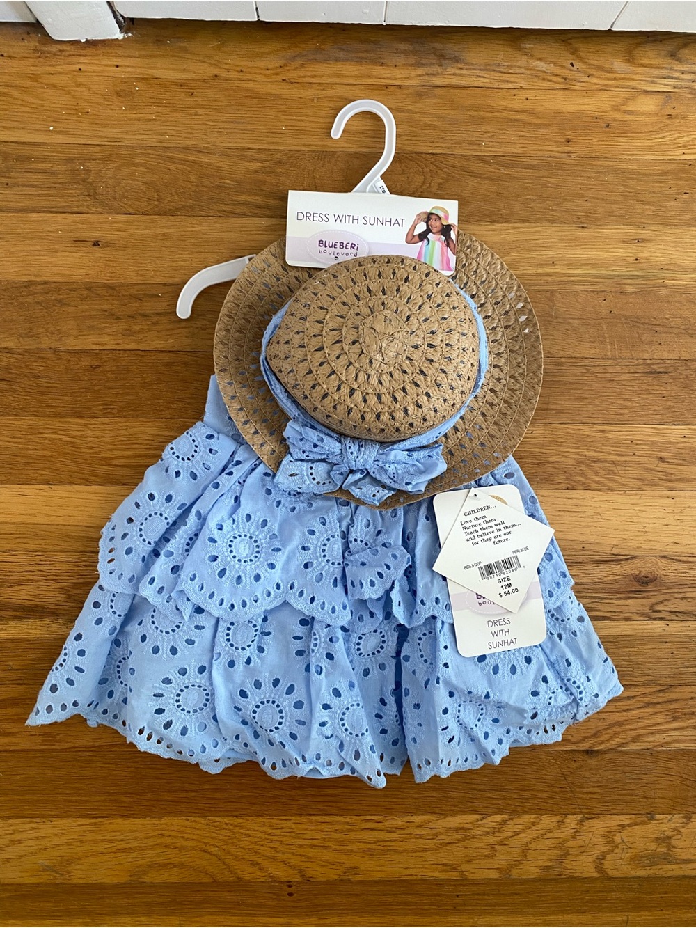 Blueberi Boulevard Baby Girl Eyelet Dress & Straw Sunhat Set | Peri Blue | NWT